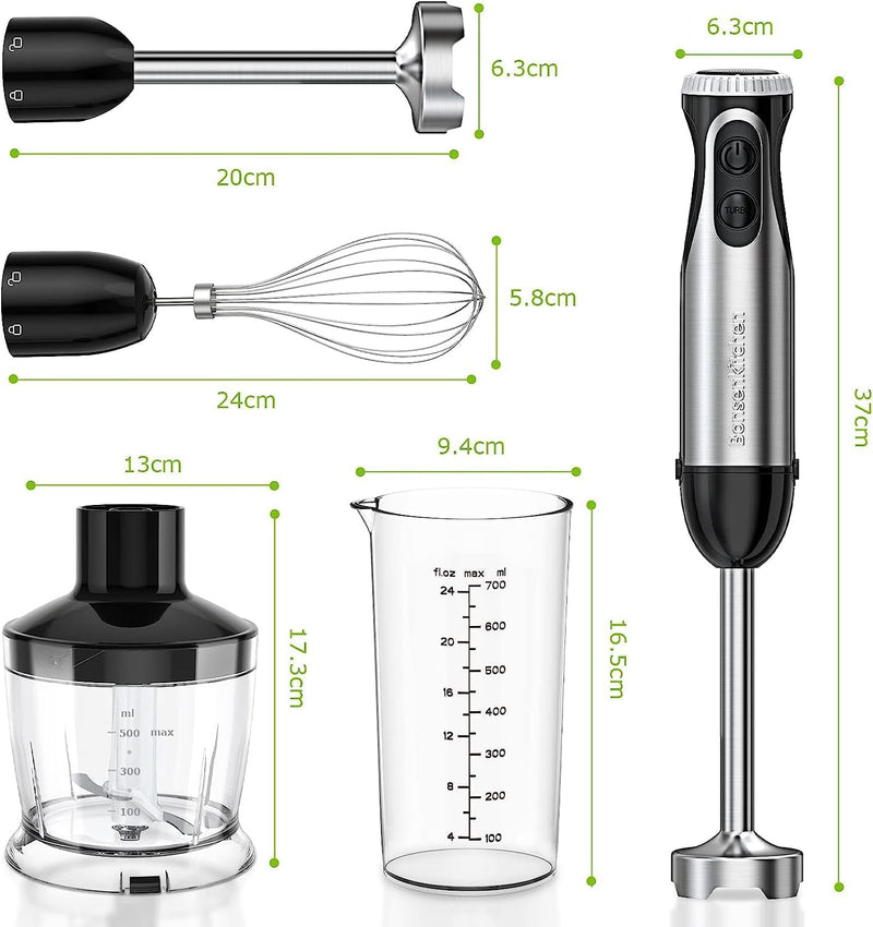 Bonsenkitchen Pürierstab, 4-en-1 Stabmixer Elektrischer, 1000W Stufenlos Geschwindigkeiten Püriersta