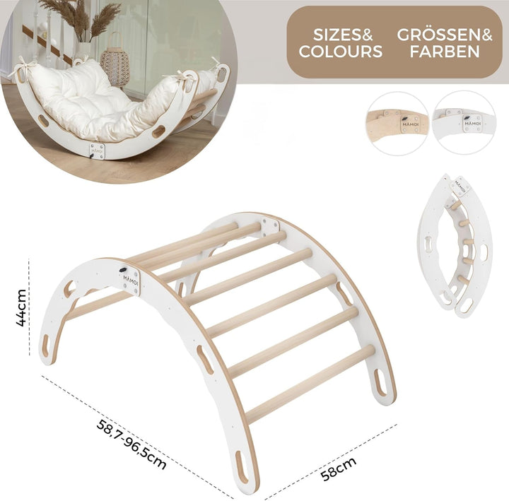 MAMOI® Kletter-Dreieck | Holz Klettergerüst Indoor | Kletterbogen mit Matte | Regenbogenwippe Holz |