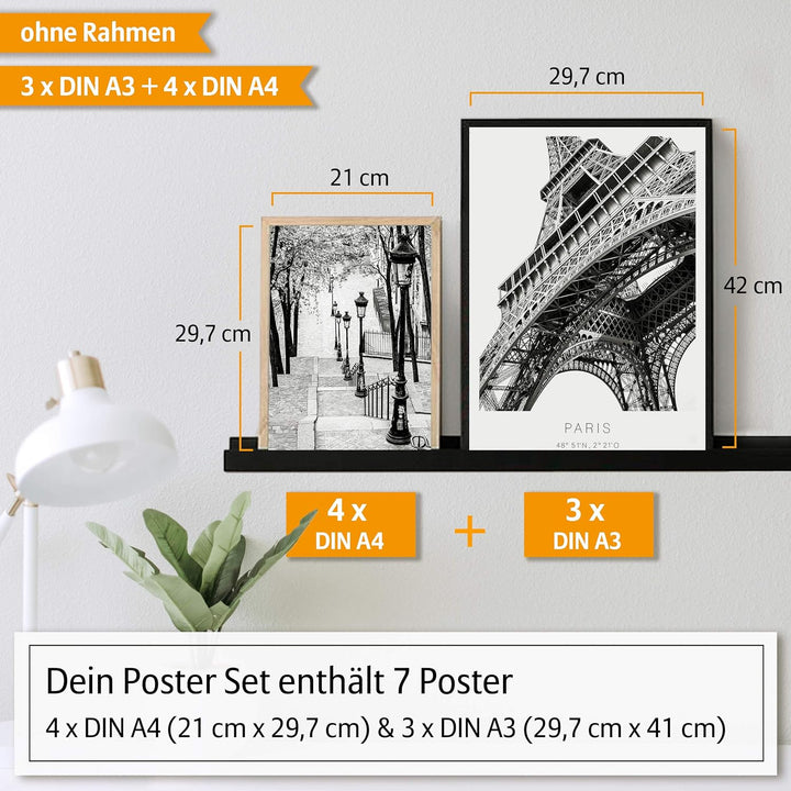 Hyggelig Home Premium Poster Set - 7 harmonische Bilder im Set - Eiffelturm Wand Deko - Set Paris- o