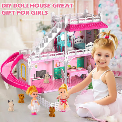 Doloowee puppenhaus Mädchen Traumspielzeug Möbel Rosa Mädchen Spielzeug, 2-Stories 3 Zimmer Puppenha