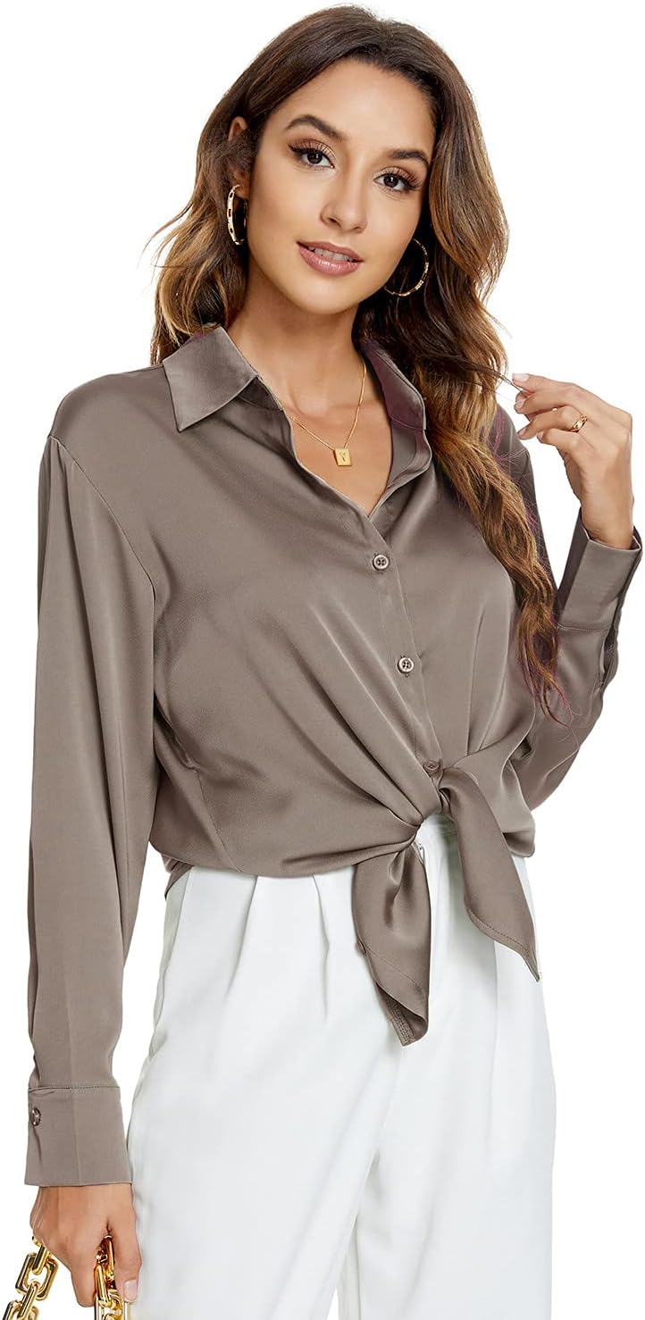 Atnlewhi Damen Bluse Langarm Knöpfen Satin Seide Hemden Basic Kent Kragen Arbeit Büro Formelle Casua