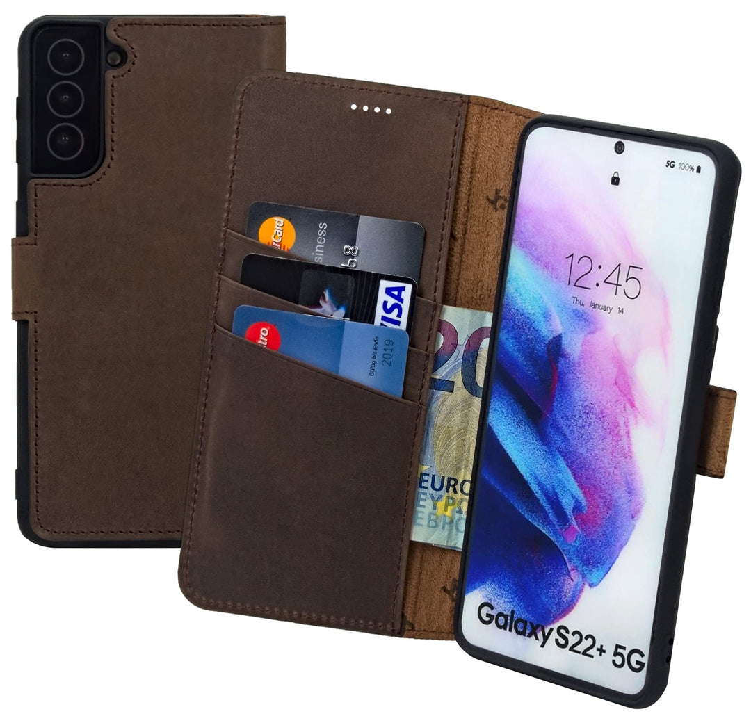 Suncase Book-Style Hülle kompatibel mit Samsung Galaxy S22 Plus 5G Leder Tasche (Slim-Fit) Lederhüll