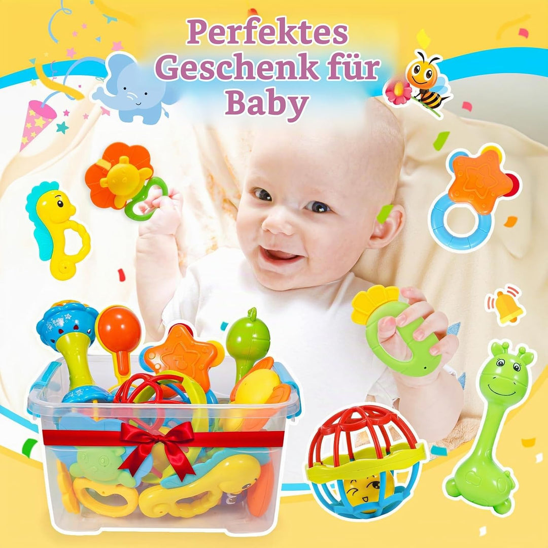 Baby Spielzeug ab 0-12 Monate, 14 Pcs Rasseln Beissring Set mit Aufbewahrungsbox Babyspielzeug ab 0-
