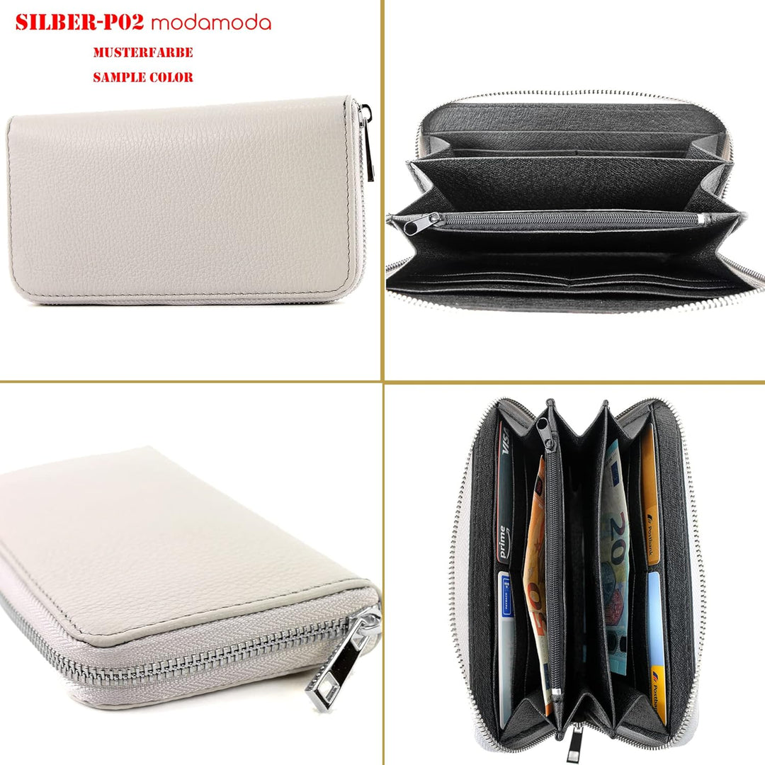 modamoda de - SILBER-P02 - ital. Damen Portemonnaie Echtleder lang, Farbe:Blume-01, Blume-01