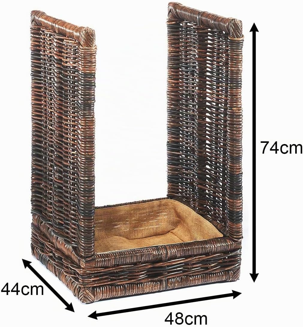Kobolo Kaminholzablage Kaminholzregal - krabu Rattan - mit Leinenstoff - 48x44x74cm