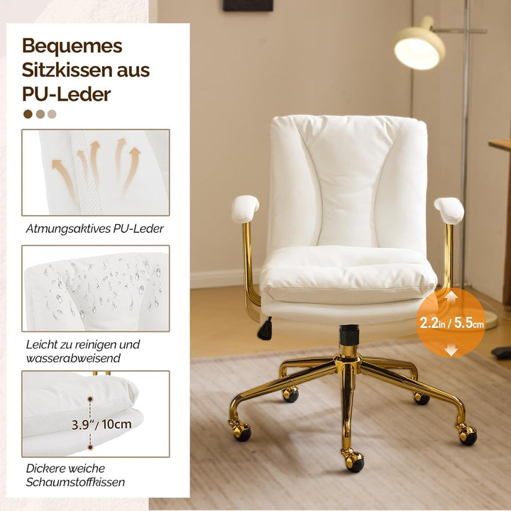 Bonnlo Bürostuhl Ergonomisch, Schreibtischstuhl mit Goldenen Armlehnen, Chefsessel, Drehstuhl mit Ro