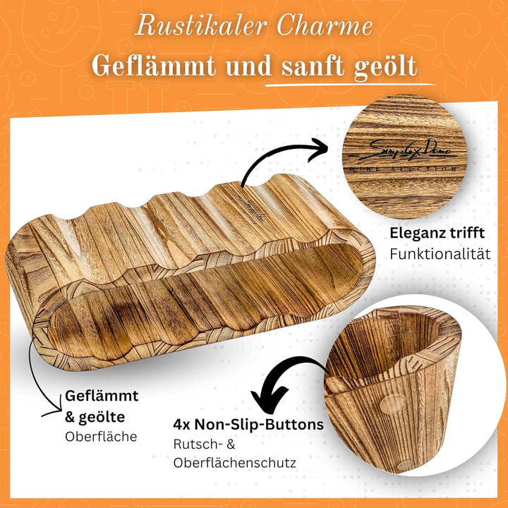Rustikales Weinregal Holz geflämmt - Flaschenregal Holz für 8 Flaschen, 2 Etagen - Zeitloses Design,