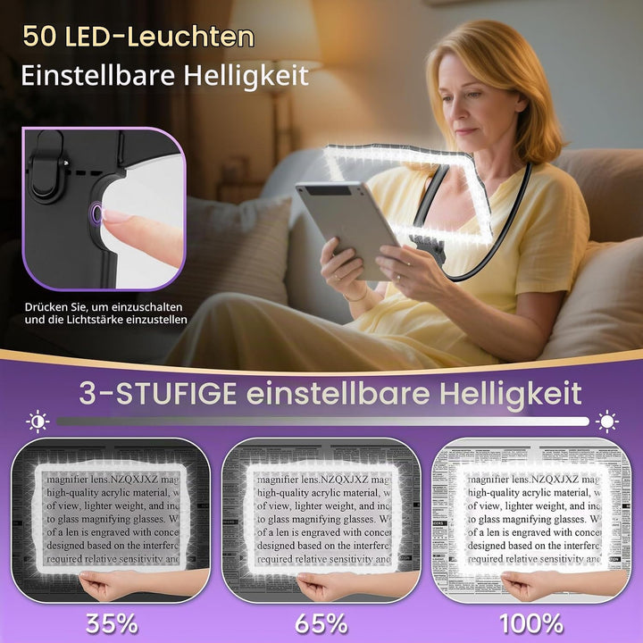 NZQXJXZ 10X Wiederaufladbare Lupe mit Licht, Flexible Schwanenhalslupe