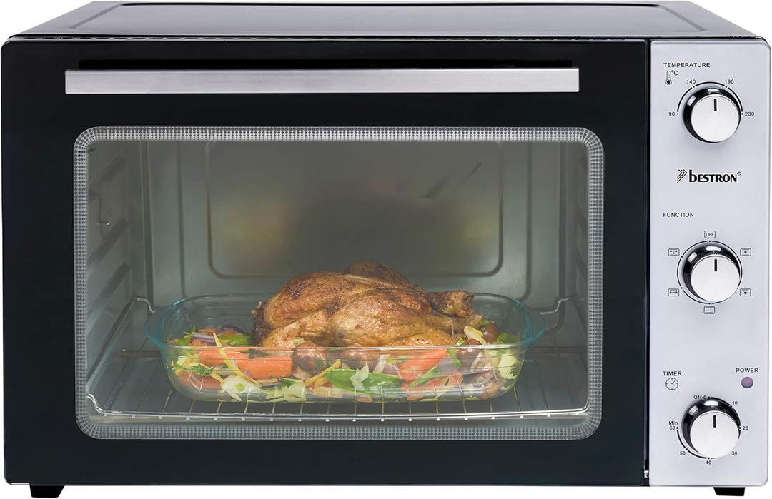 Bestron AOV55 2-in-1 Mini-Backofen mit Drehspiess, 55 Liter, 2000 W, Edelstahl, Schwarz 55 Liter Min