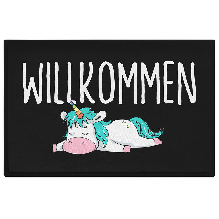 Trendation - Willkommen Fussmatte Einhorn Lustig Geschenk Frauen Fussmatte Innen und Aussen-Bereich