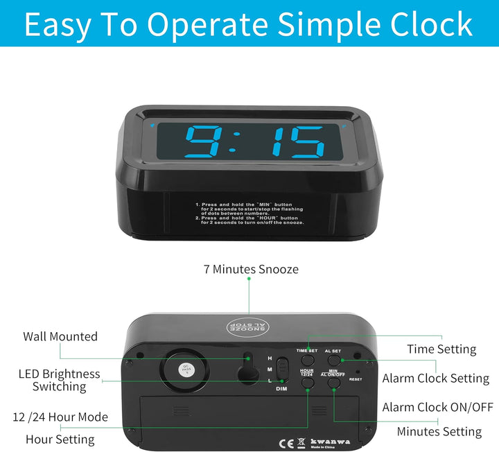 KWANWA Digitaler Wecker, LED Uhr Batteriebetrieben Tischuhr mit 3 Einstellbarer Helligkeit/Snooze/Oh