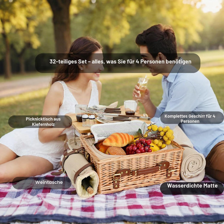 Multifunktionales Picknickkorb-Set aus Weidengeflecht für 4 Personen mit Decke und Picknicktisch, is