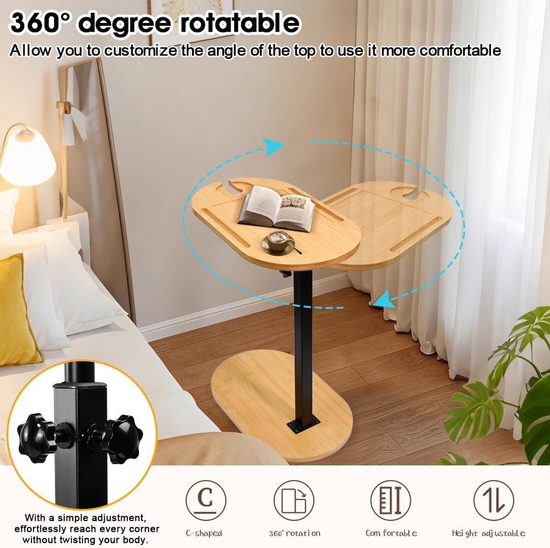 Beistelltisch C Form Höhenverstellbar 40-80cm Kleiner Couchtisch 360°Rotierend Bambus Mobiler Kaffee