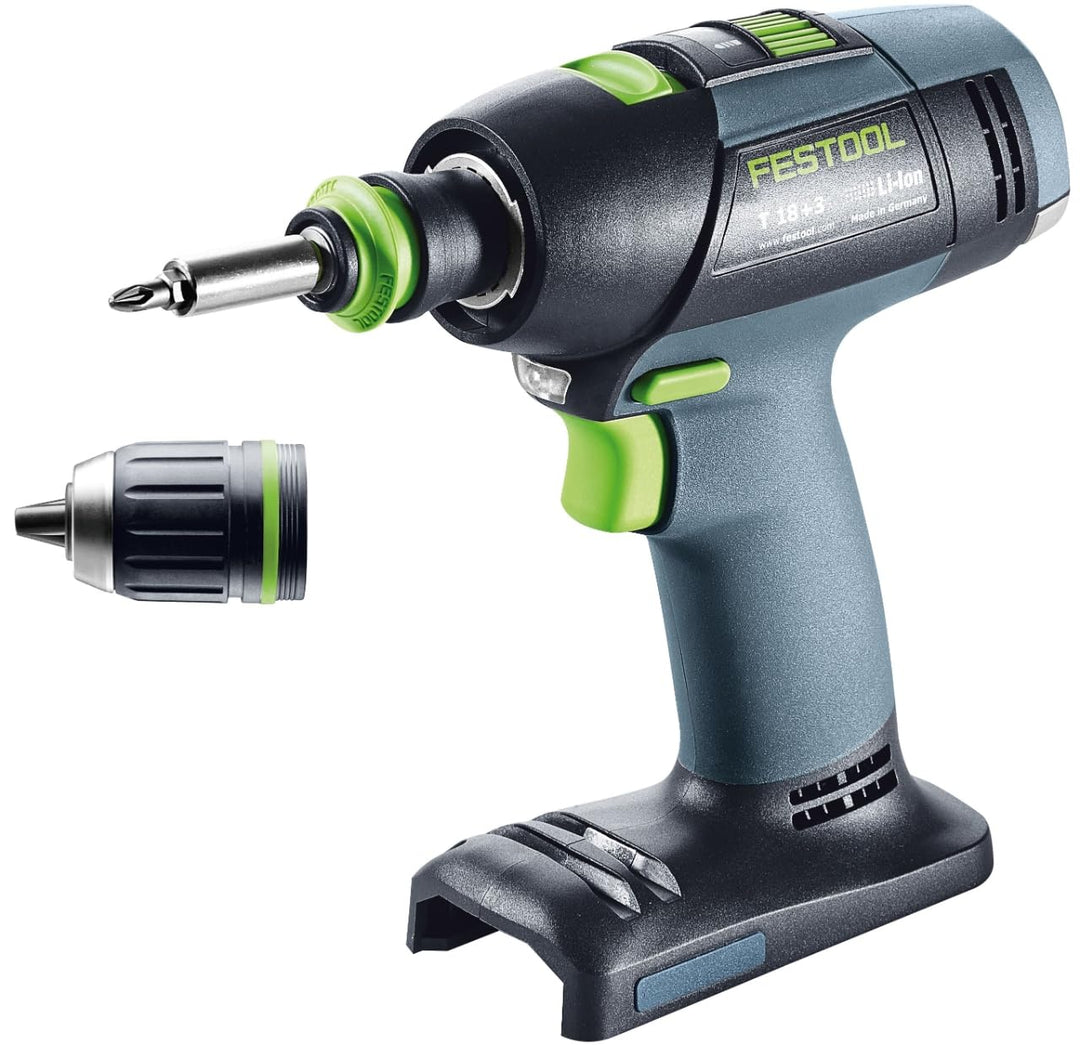 Festool Akku-Bohrschrauber T 18+3-Basic (mit Werkzeugfutter, Magnet-Bithalter, Schnellspannbohrfutte