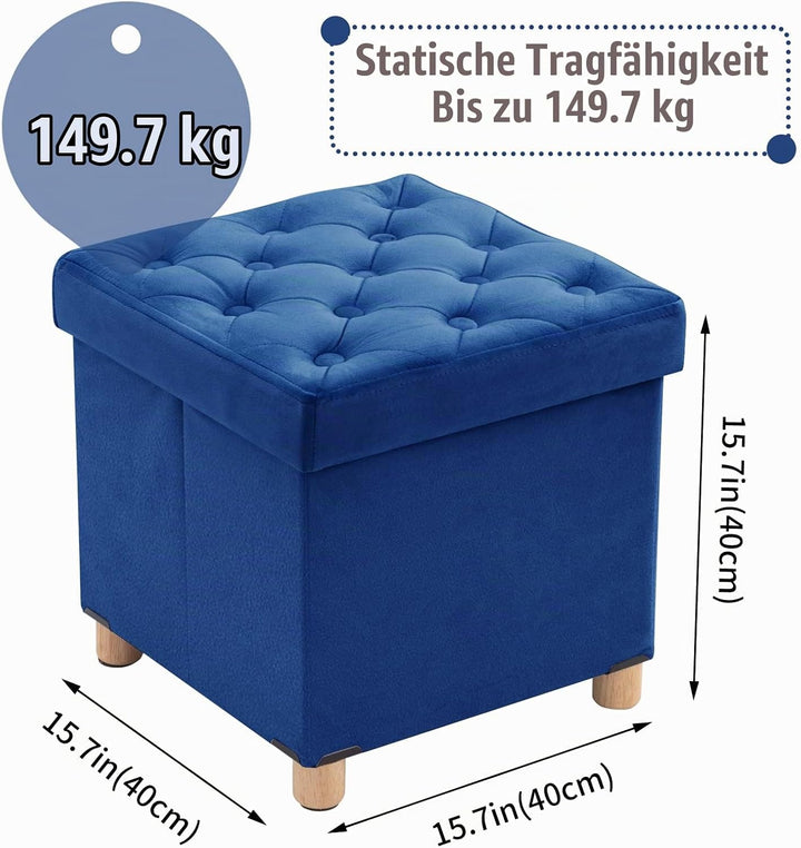 BRIAN &amp; DANY Faltbarer Sitzhocker Samt mit Stauraum und Deckel mit Holzfüssen, 40 x 40 x 40 cm, Blau
