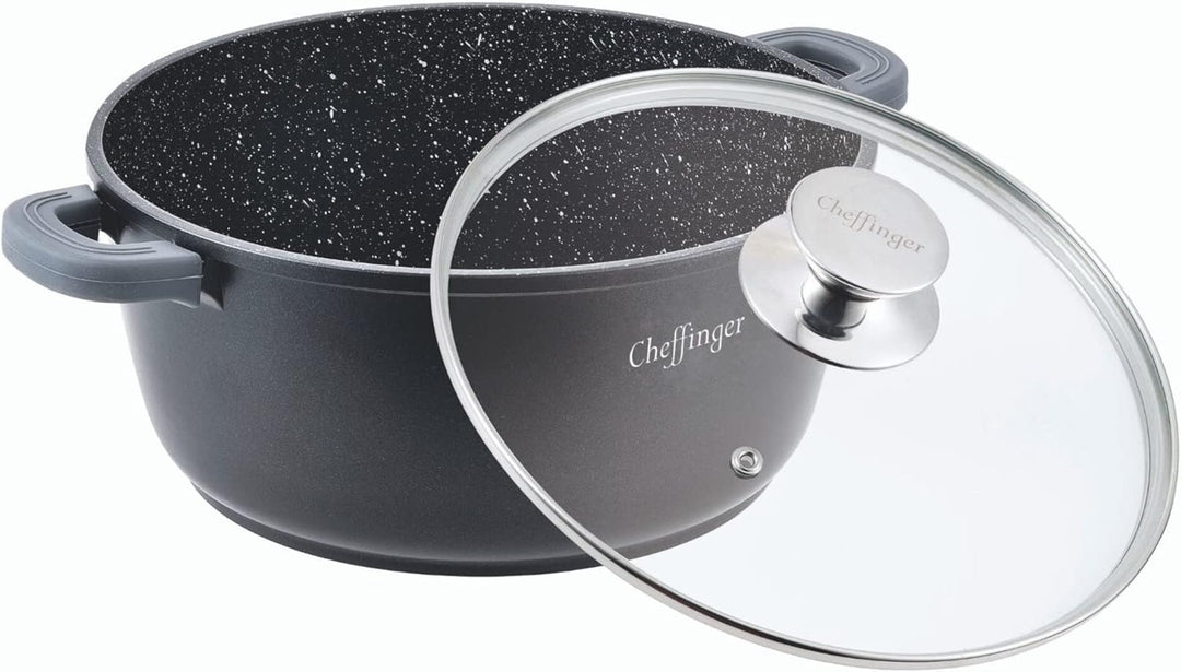 Cheffinger Kochtopf Aluguss Induktion Ø24cm Suppentopf Pfanne Topf Deckel Brattopf Schwarz, CF-DC24