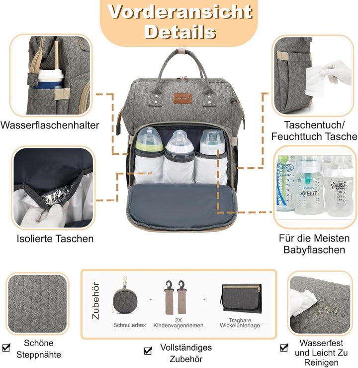 Wickelrucksack Gross - Baby Wickeltasche Rucksack Wasserdicht &amp; Leicht mit Wickelunterlage, Schnulle