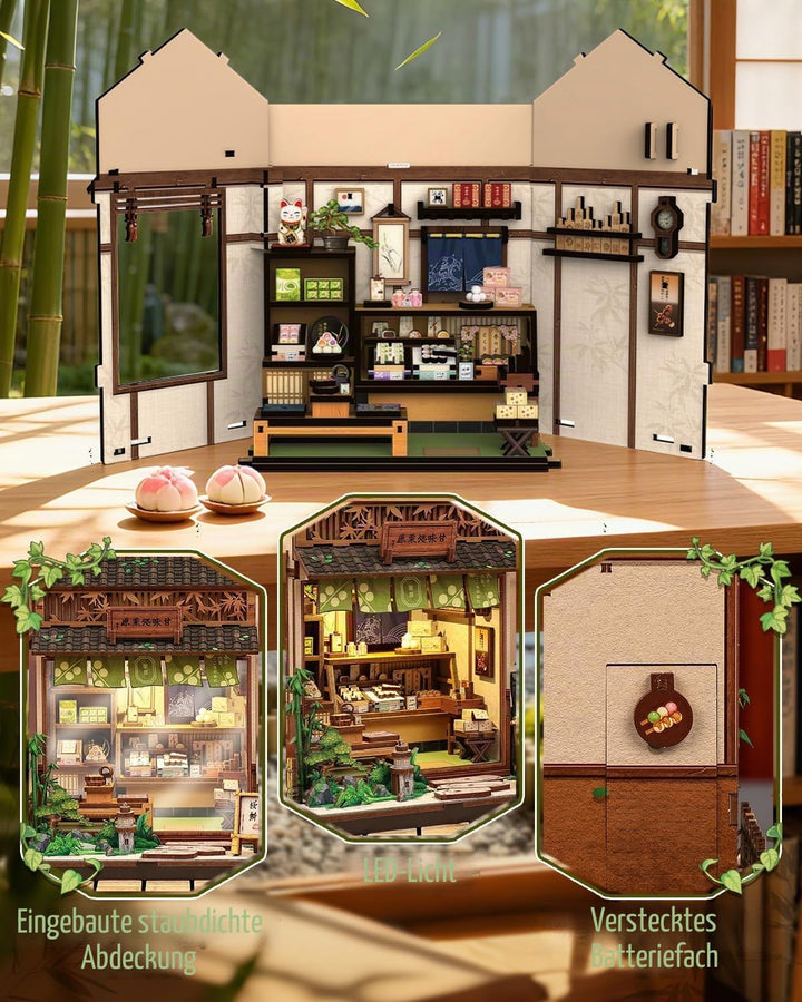 Book Nook Kit - Miniatur Puppenhaus mit LED-Beleuchtung: 3D Holz-Puzzle Buchstütze, Retro-Deko für B