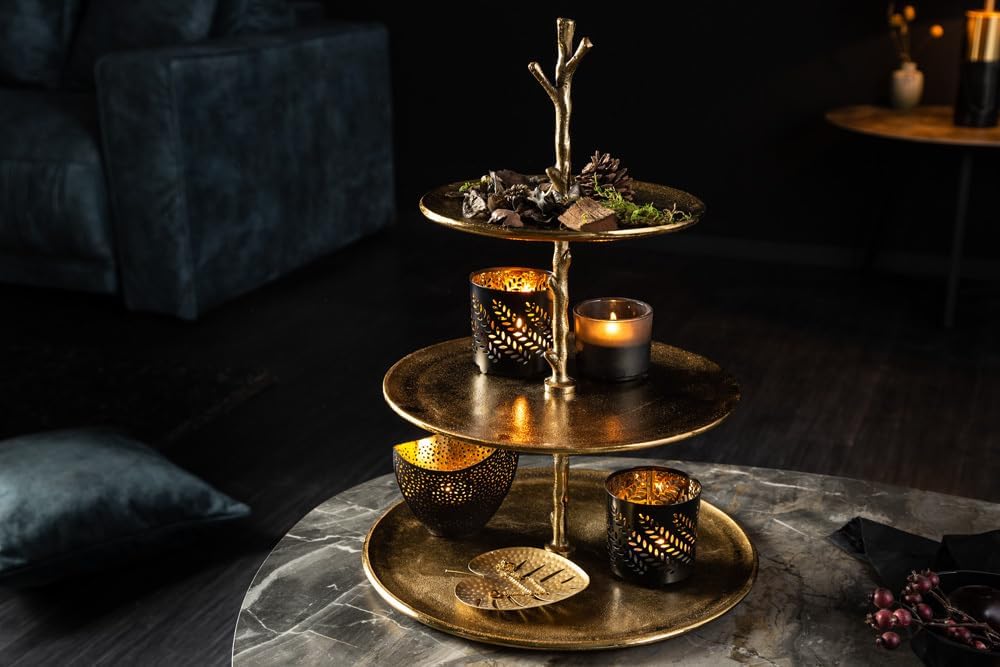 riess-ambiente.de Elegante Etagere Abstract 48cm Aluminium Gold mit DREI Etagen Servierständer Obsts