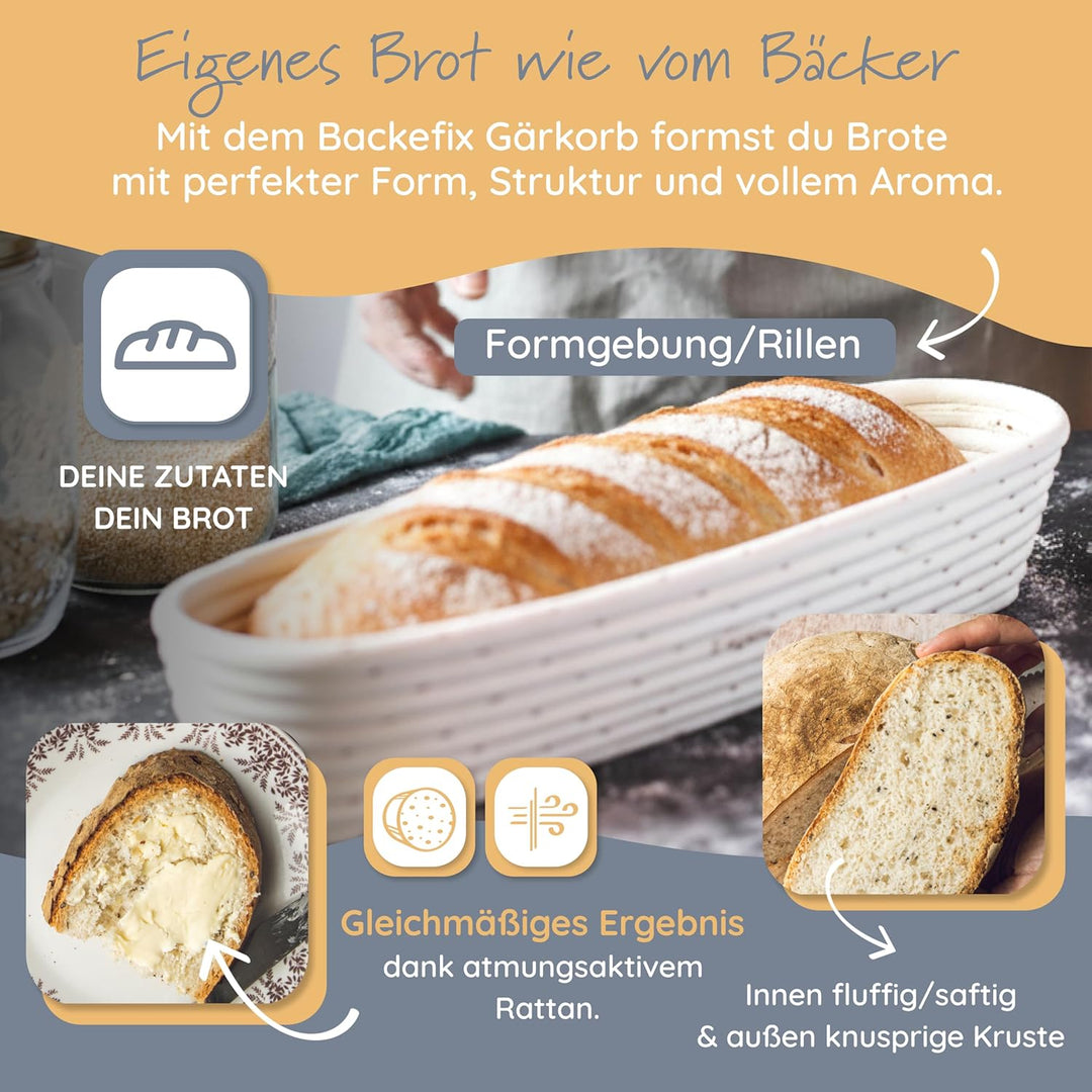 Backefix Gärkörbchen oval 44cm für Baguette | länglicher Gärkorb handgefertigt aus Rattan mit Leinen
