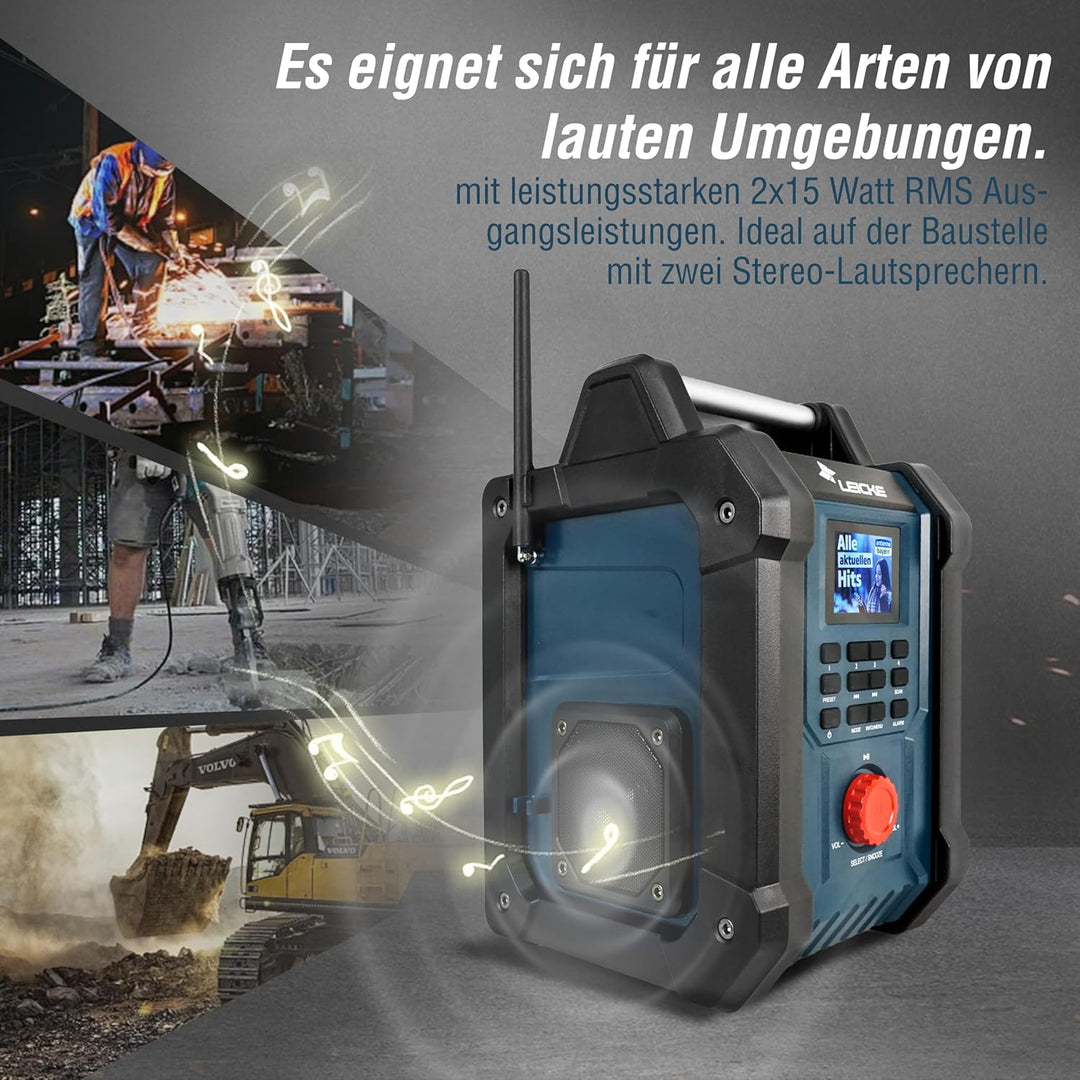 Baustellenradios - Digitales und Robustes Radio mit DAB+, FM, Bluetooth, AUX, 4000mAh Akku, 2 x 15W