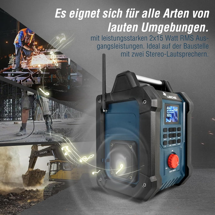 Baustellenradios - Digitales und Robustes Radio mit DAB+, FM, Bluetooth, AUX, 4000mAh Akku, 2 x 15W