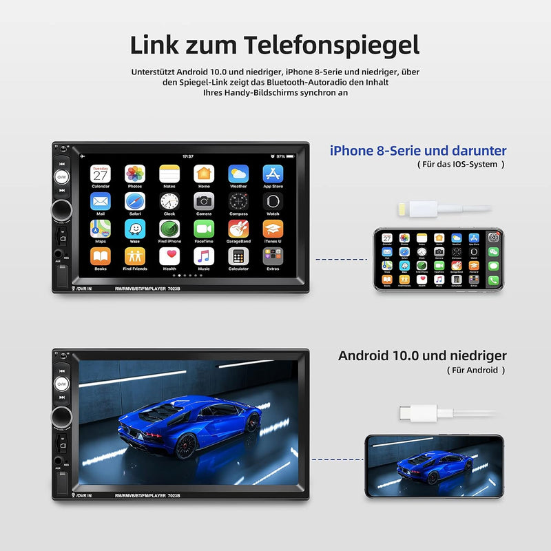 NHOPEEW Doppel Din Radio unterstützt Android / iPhone Mirror Link 2 Din 7 Zoll Touch Display Autorad