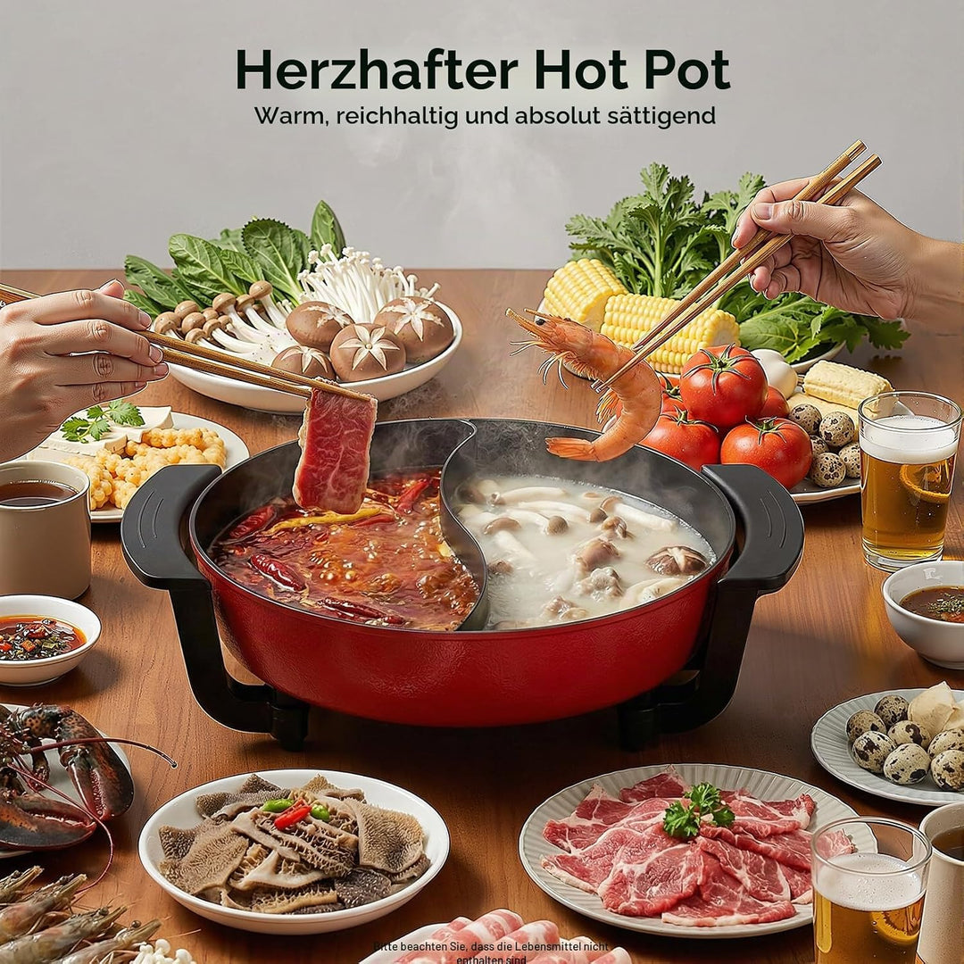 Elektrischer Kochtopf, 1360W 220V Hotpot Topf mit Teiler &amp; Glas-Deckel, 6L Hot Pot Fondue Chinesisch
