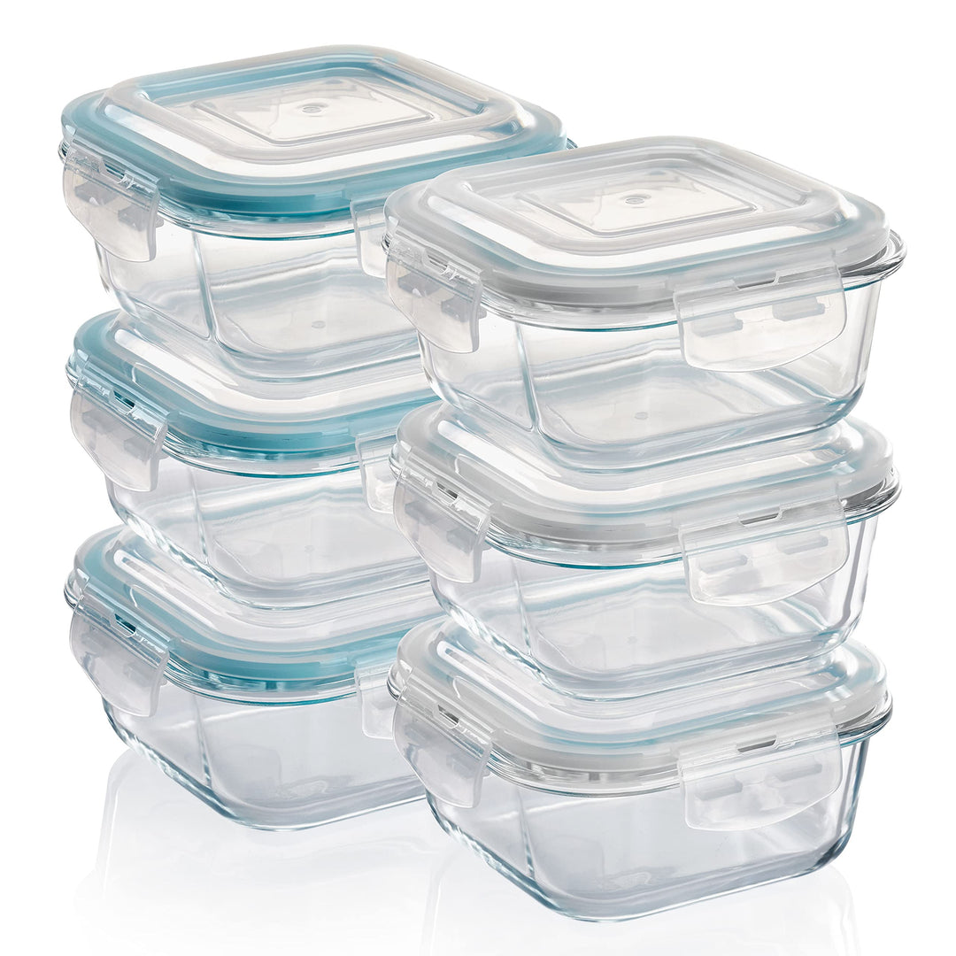 Grizzly Glas Frischhaltedosen, Set 6X 520 ml, luftdicht, quadratisch, Click-Verschluss, vielseitige