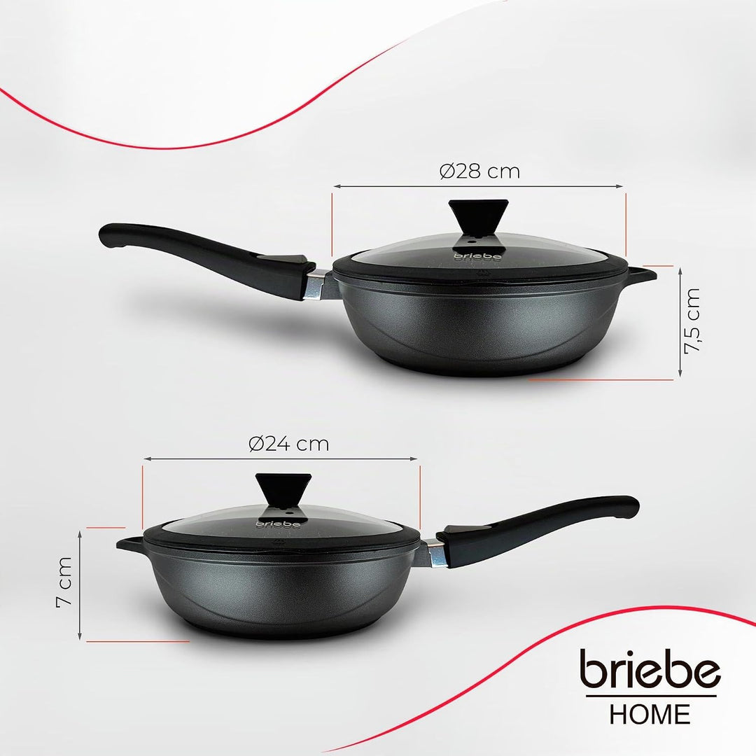 briebe Pfannenset Induktion 2 Abnehmbare Griffe 2-Teilig Pfannen Tiefe 24cm, 28cm mit Glasdeckel Gus
