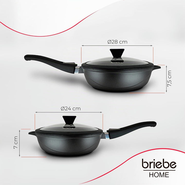 briebe Pfannenset Induktion 2 Abnehmbare Griffe 2-Teilig Pfannen Tiefe 24cm, 28cm mit Glasdeckel Gus