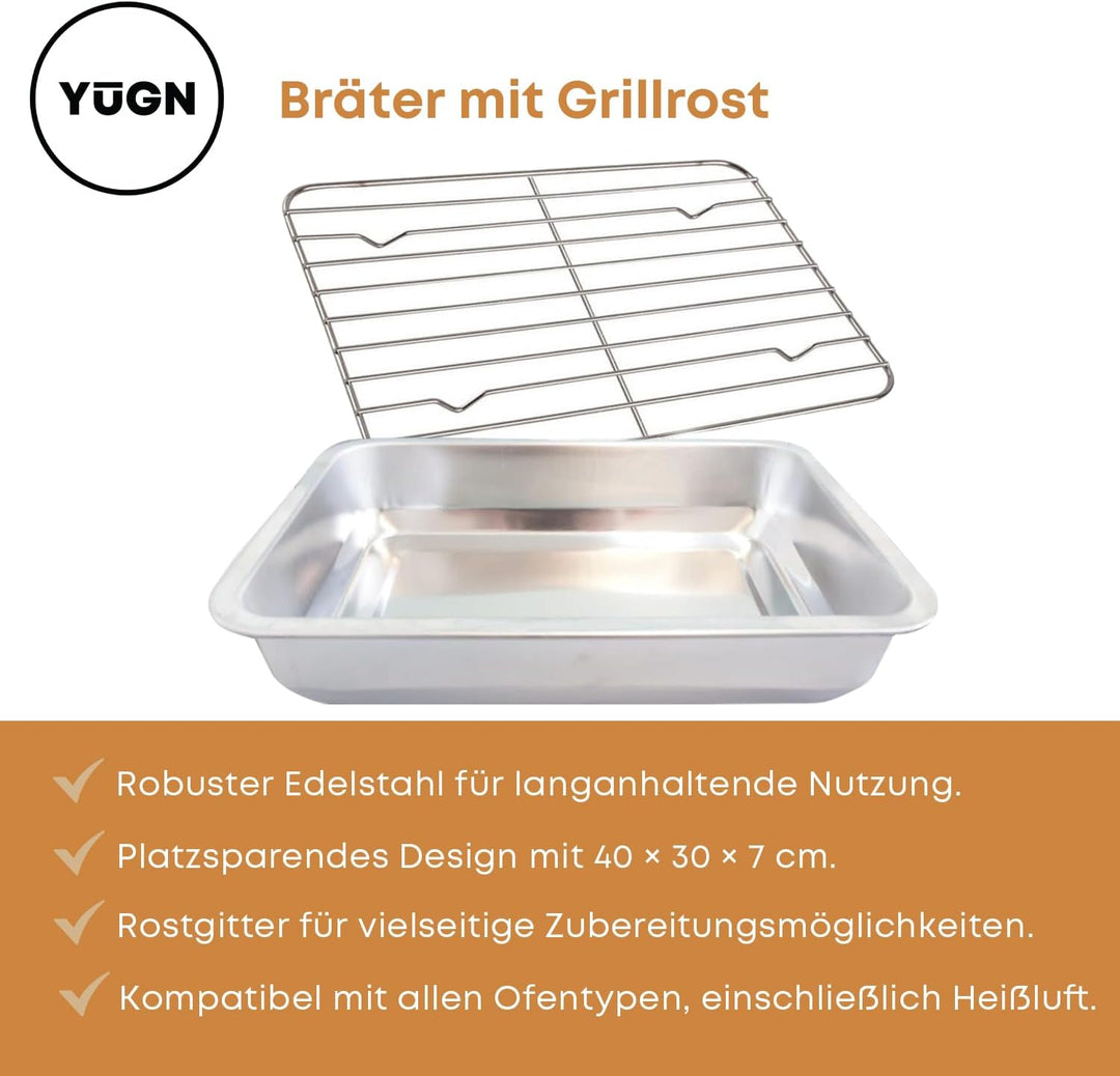 Bräter mit Grillrost 40x30x7 cm – Edelstahl Bratpfanne mit Rost für Backofen & Ofengerichte – Spülma
