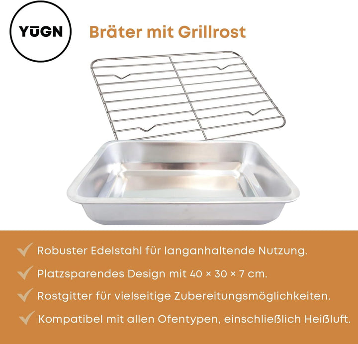 Bräter mit Grillrost 40x30x7 cm – Edelstahl Bratpfanne mit Rost für Backofen & Ofengerichte – Spülma