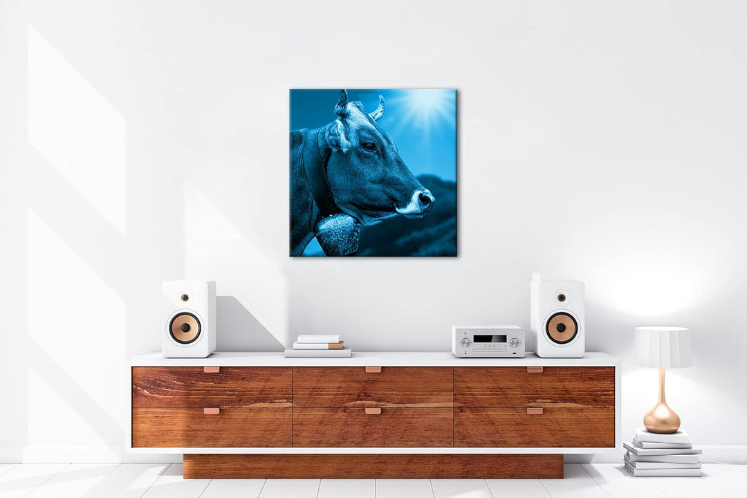 deyoli edle Alpen Kuh Format: 70x70 Effekt: Monocrome Blau als Leinwandbild, Motiv fertig gerahmt au