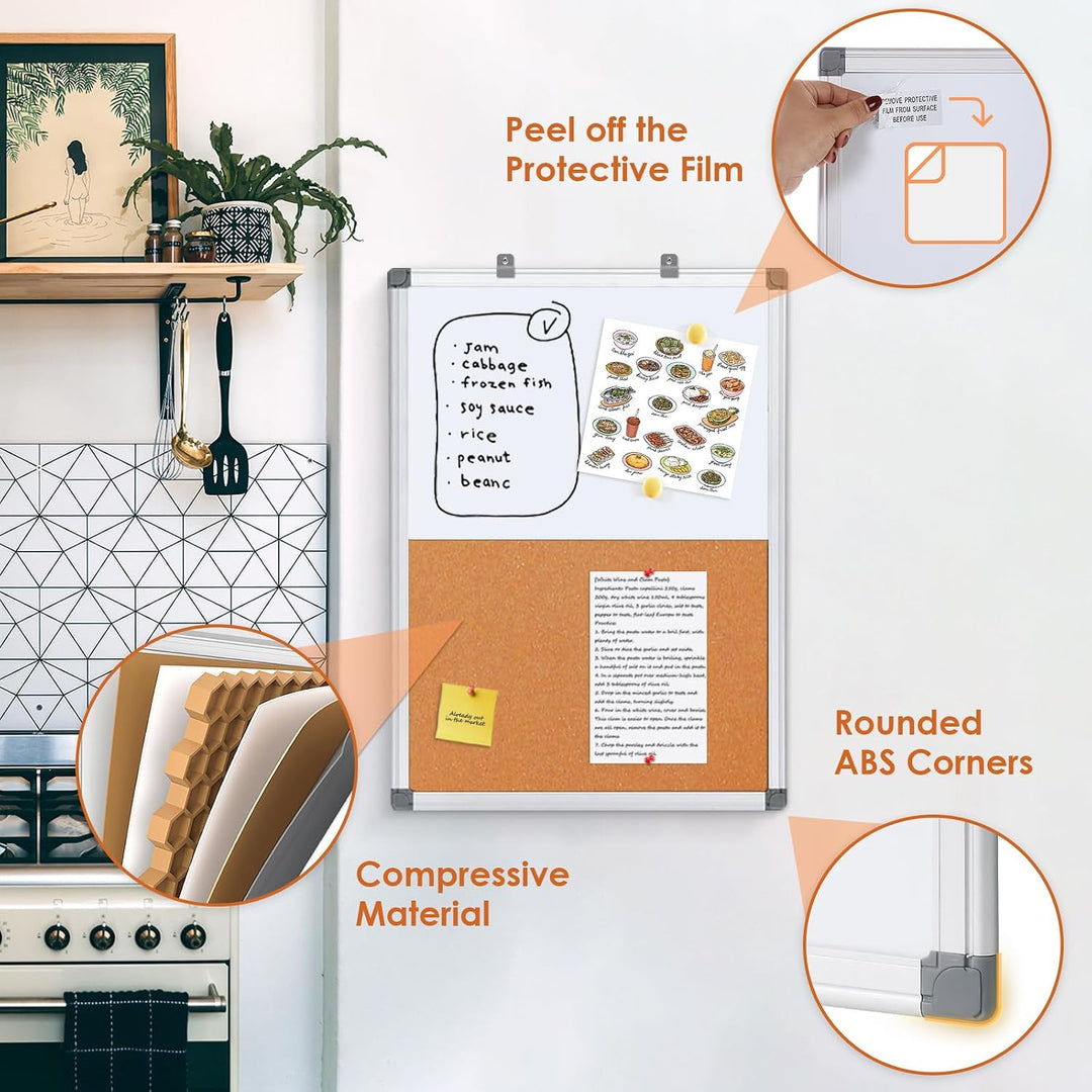 Swansea Whiteboard Magnettafel und Pinnwand Kork mit Aluminiumrahmen für Wohnung, Büro, Küche und Sc