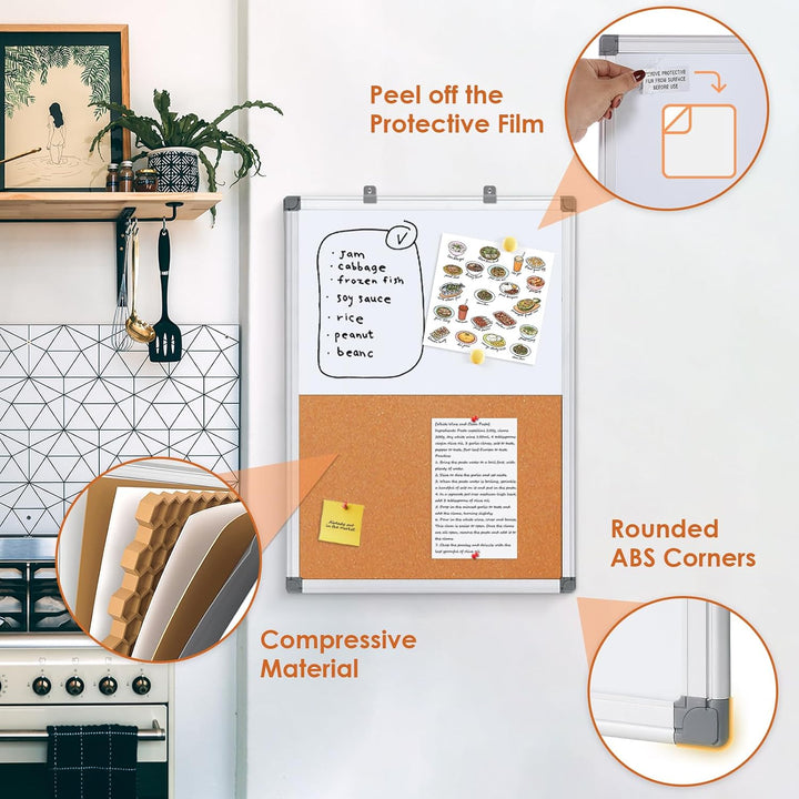 Swansea Whiteboard Magnettafel und Pinnwand Kork mit Aluminiumrahmen für Wohnung, Büro, Küche und Sc