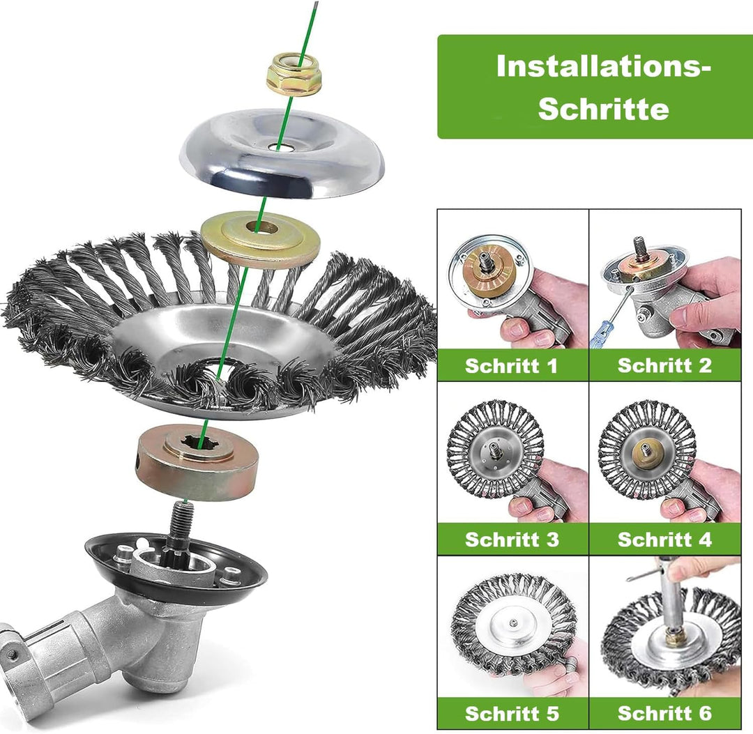 Trade-Shop Entrostender Stahldraht-Bürstenkopf Unkrautbürste 15cm x 2,54cm inkl. Adapter-Set kompati