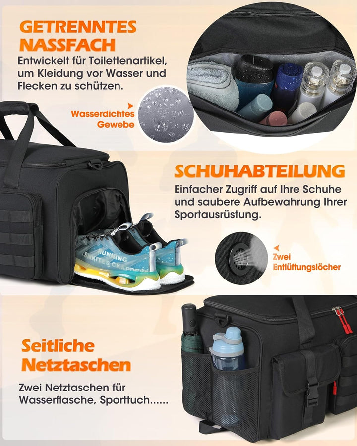 RAINSMORE 3 IN 1 Sporttasche Herren 45L Reisetasche Rucksackfunktion Handgepäck mit Schuhfach Latopf