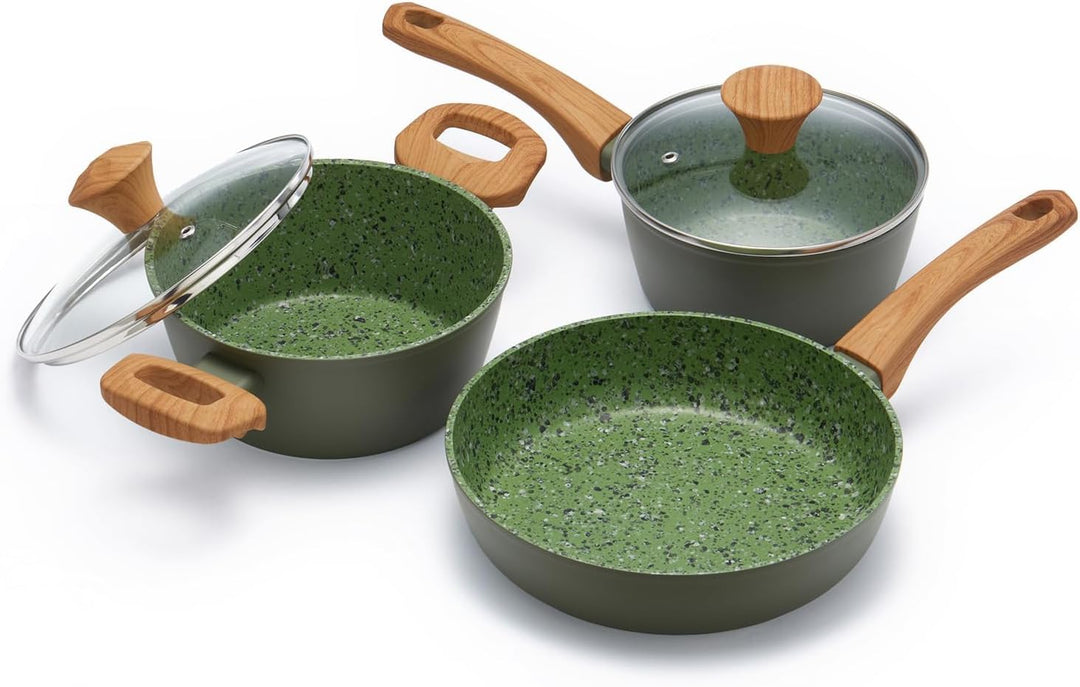Green Antihaft-Set: 6"-Topf (Saucepan), 8,5"-Pfanne (Frying Pan) &amp; 7"-Schmortopf (Stockpot) - Kombin