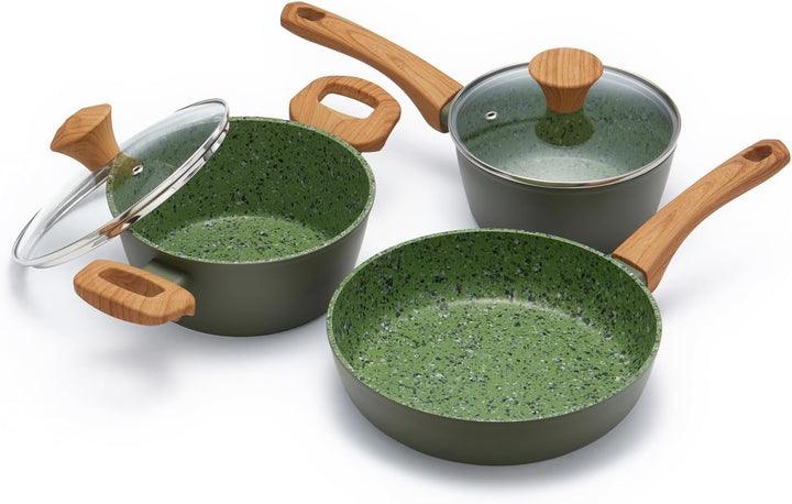Green Antihaft-Set: 6"-Topf (Saucepan), 8,5"-Pfanne (Frying Pan) &amp; 7"-Schmortopf (Stockpot) - Kombin