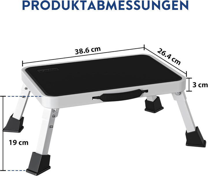 BONTEC Klapptritt, weisser Tritthocker klappbar bis 150 kg, rutschfeste Trittstufe mit Gummifüssen,