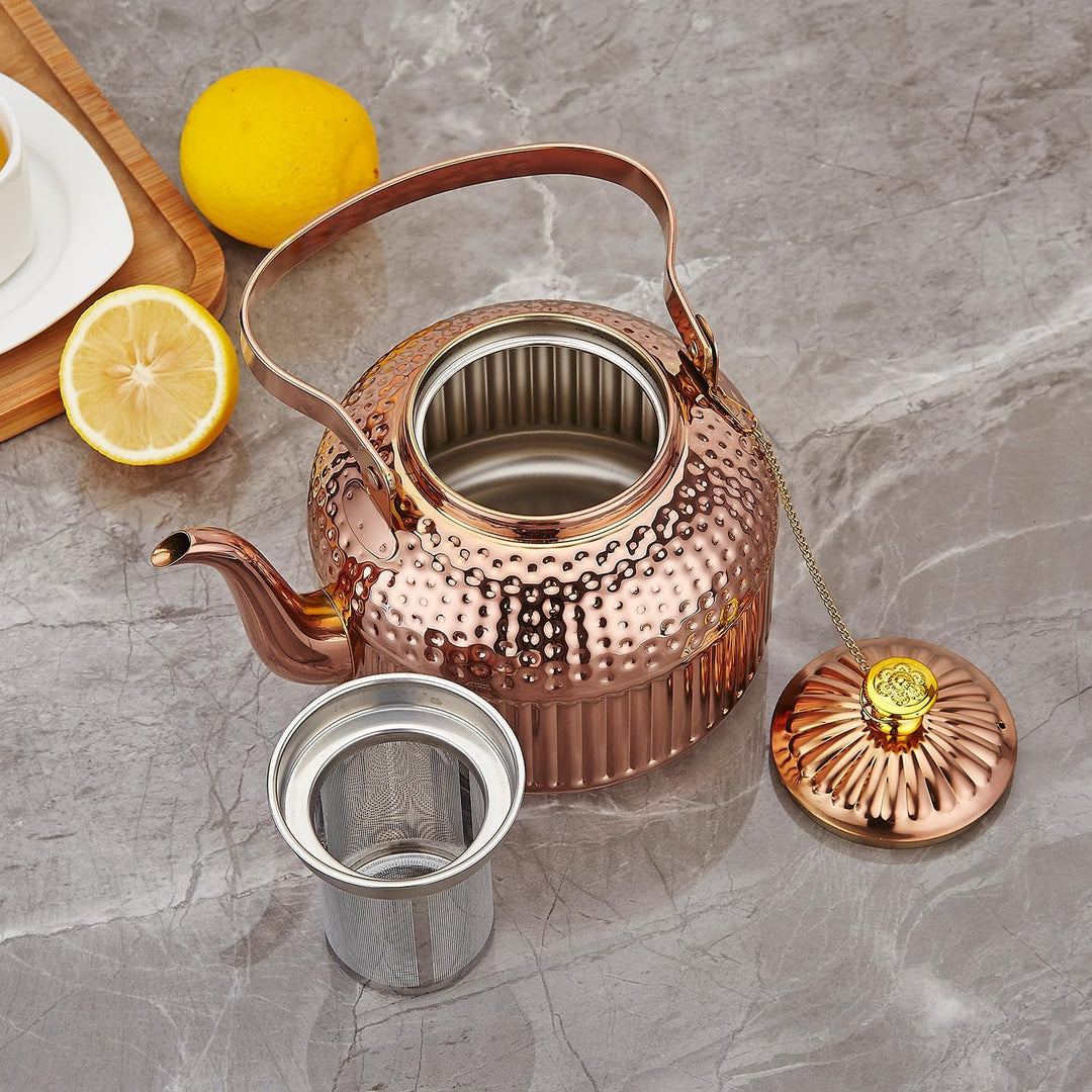SANQIAHOME® 1,8 Liter Edelstahl-Teekanne mit Siebeinsatz, mit Teesiebgriff,Induktionsgeeignet Kupfer