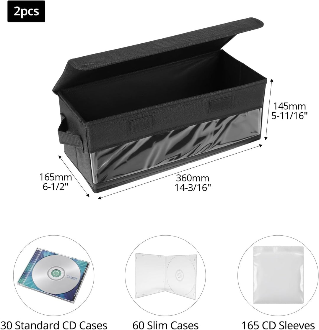 QWORK® 2Stück CD-Aufbewahrungsboxen, 36 x 14 x 6 cm, schwarzer Stoff-Organizer für 30 Standard-CD-Hü