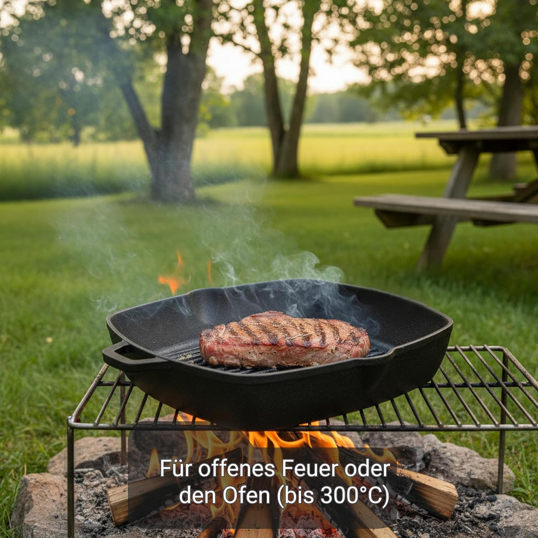 BIOL Quadratische Grillpfanne aus Gusseisen 26×26 cm – Für Induktion, Backofen & Grill (mit Glasdeck