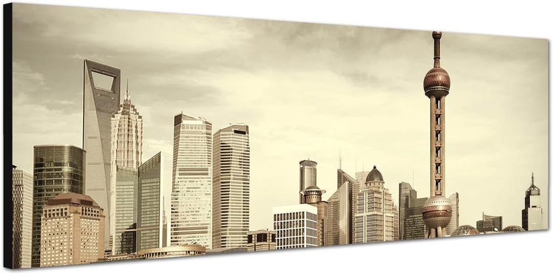 Paul Sinus Art Panoramabild auf Leinwand und Keilrahmen 120x40cm Shanghai Skyline Wasser Boot Steg