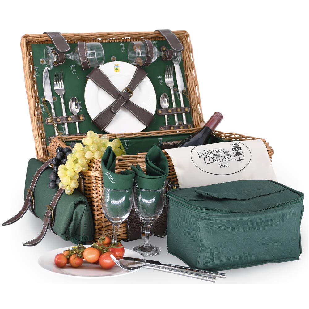 Les Jardins de la Comtesse - Picknickkorb Champs-Elysées aus Weidengeflecht und echtem Leder - Dunke