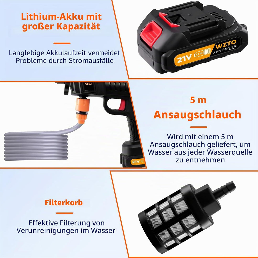 Akku Hochdruckreiniger,3-in-1-Multifunktionsdüse,21 V, 60 bar,1500W,Tragbarer Hochdruckreiniger,mit