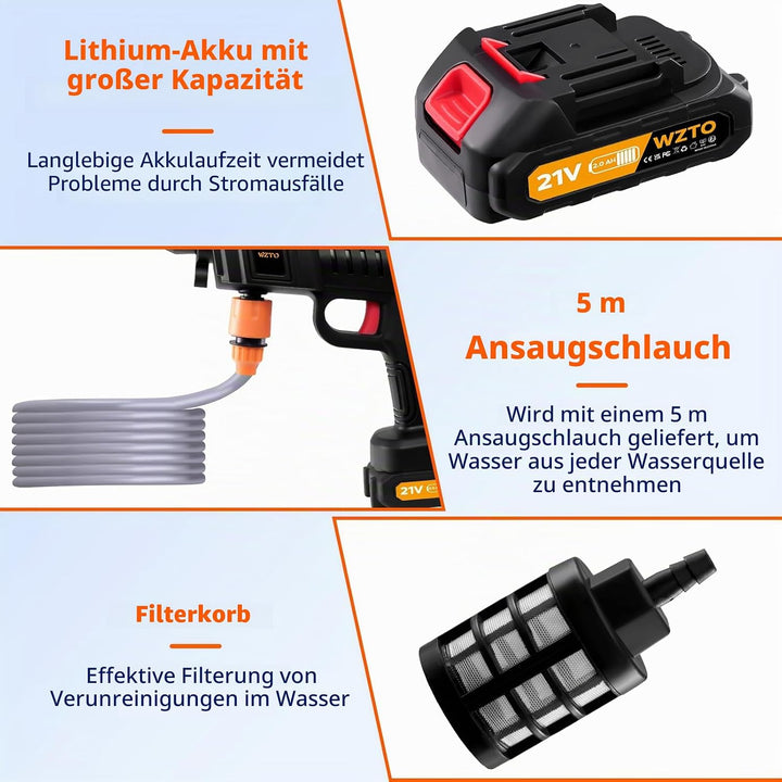 Akku Hochdruckreiniger,3-in-1-Multifunktionsdüse,21 V, 60 bar,1500W,Tragbarer Hochdruckreiniger,mit