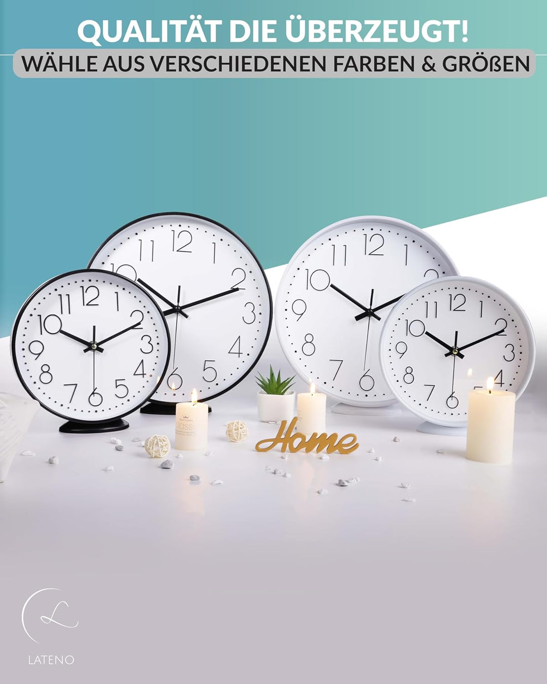 LATENO - Wanduhr ohne Tickgeräusche - Wanduhr Blau - Analoge Wanduhr 30 cm zum Aufhängen & Hinstelle