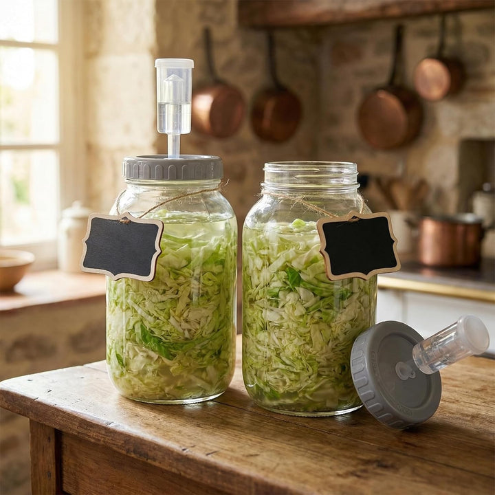 2 Stück Fermentierglas 2L mit Deckel Fermentiergläser Kimchi Behälter Luftschleuse Gärglas mit Etike